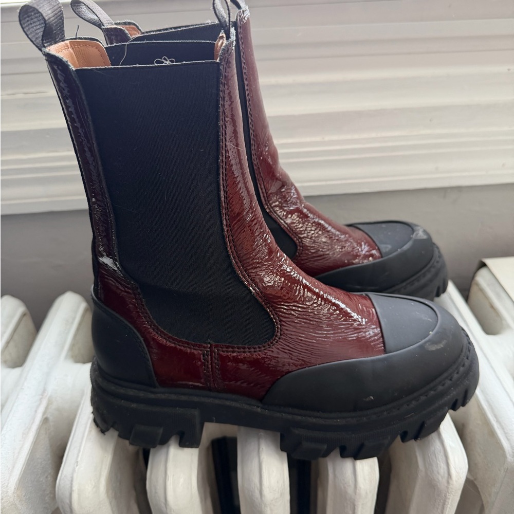 Ganni Burgundy Patent Leather & Black Sole Chelsea Combat Boots